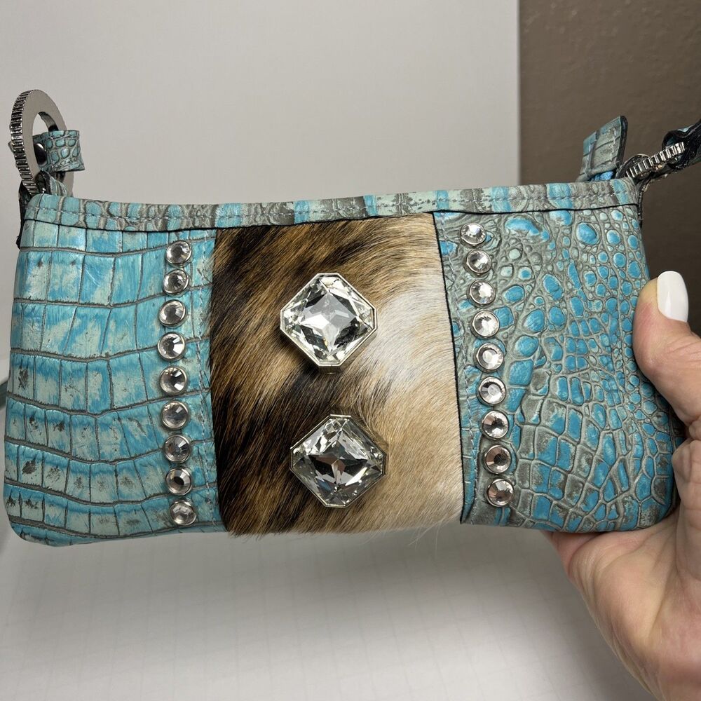 Raviani Turquoise Embossed Leather Crystal Small Crossbody Bag UNIQUE EXCELLENT